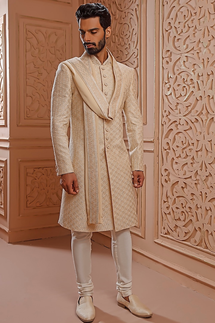 Beige Chanderi Digital Hand Embroidered Wedding Sherwani Set by Vanshik at Pernia's Pop Up Shop