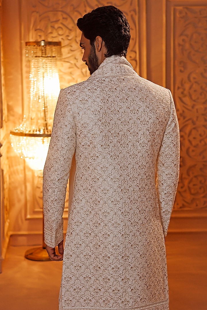 Cream Raw Silk Digital Hand Embroidered Groom Sherwani Set by Vanshik at Pernia's Pop Up Shop