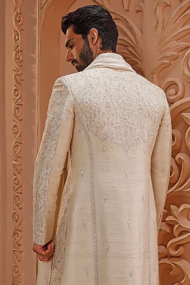 Dull Mint Raw Silk Aari Embroidered Groom Sherwani Set by Vanshik at Pernia's Pop Up Shop