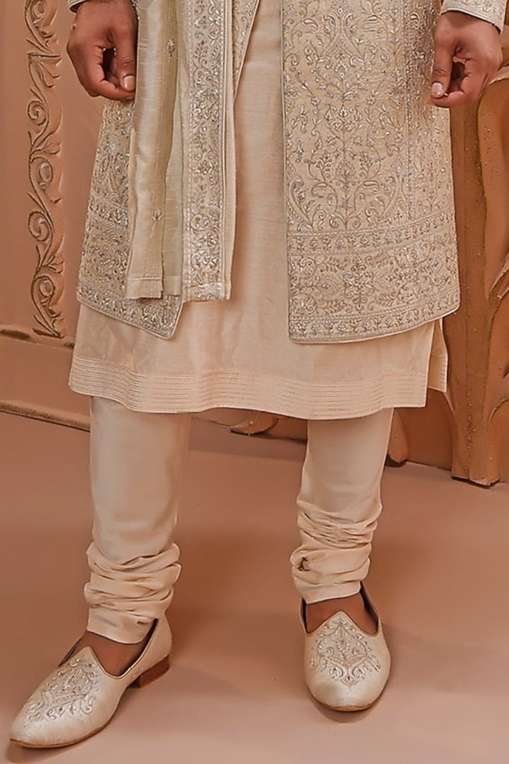 Dull Mint Raw Silk Aari Embroidered Groom Sherwani Set by Vanshik at Pernia's Pop Up Shop