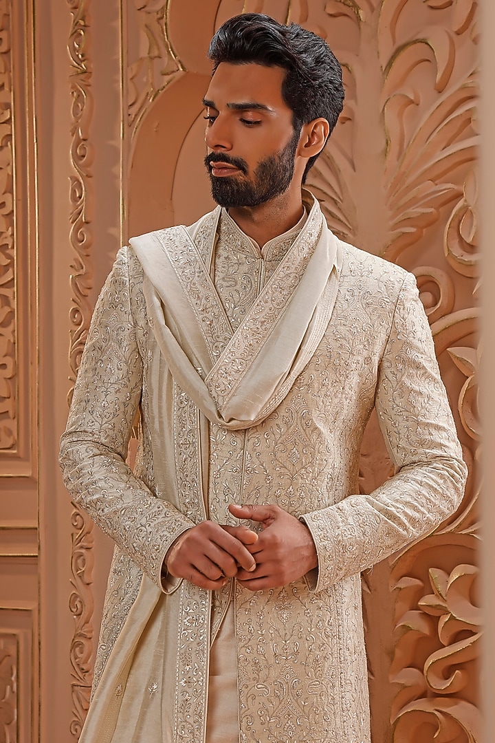 Dull Mint Raw Silk Aari Embroidered Groom Sherwani Set by Vanshik at Pernia's Pop Up Shop