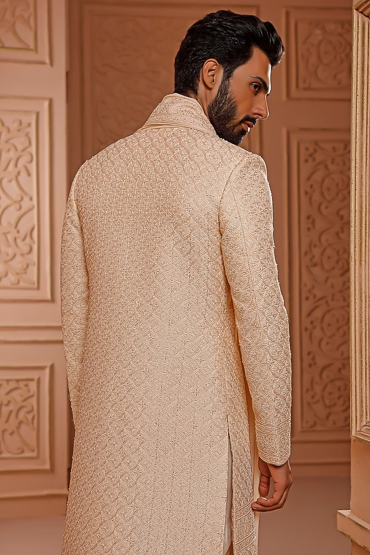 Cream Silk Resham Embroidered Lucknowi Groom Sherwani Set by Vanshik at Pernia's Pop Up Shop