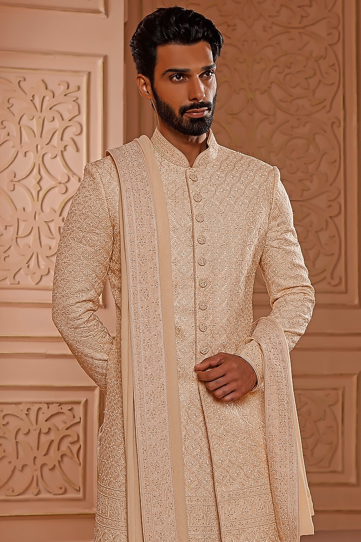 Cream Silk Resham Embroidered Lucknowi Groom Sherwani Set by Vanshik at Pernia's Pop Up Shop