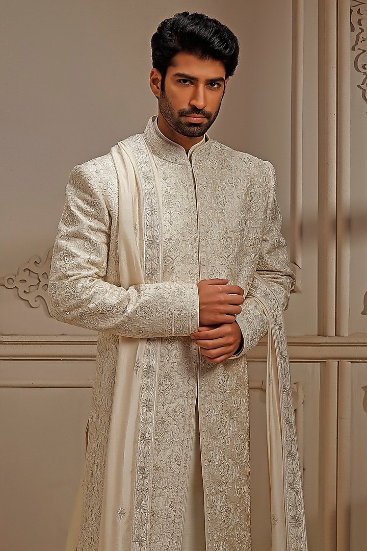 Pearl Raw Silk Resham Embroidered Groom Sherwani Set by Vanshik at Pernia's Pop Up Shop