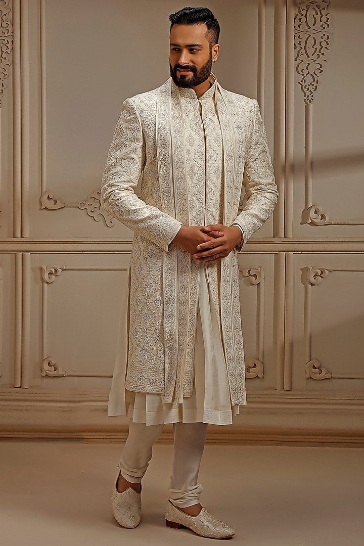 Pearl Raw Silk Resham Embroidered Groom Sherwani Set by Vanshik at Pernia's Pop Up Shop