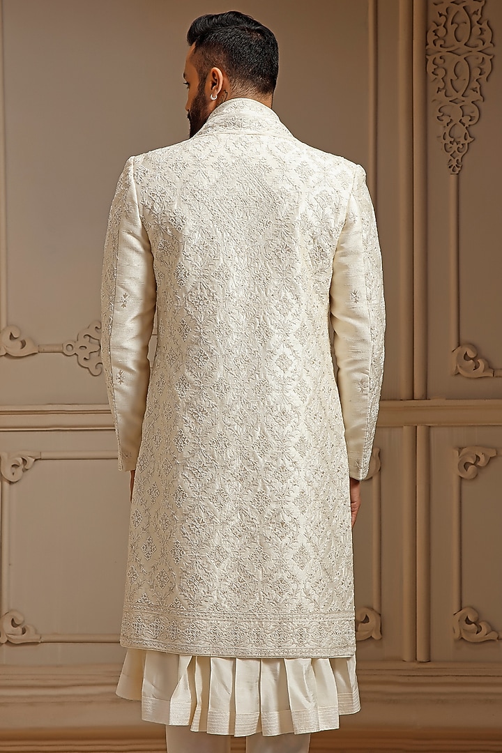 Pearl Raw Silk Resham Embroidered Groom Sherwani Set by Vanshik at Pernia's Pop Up Shop