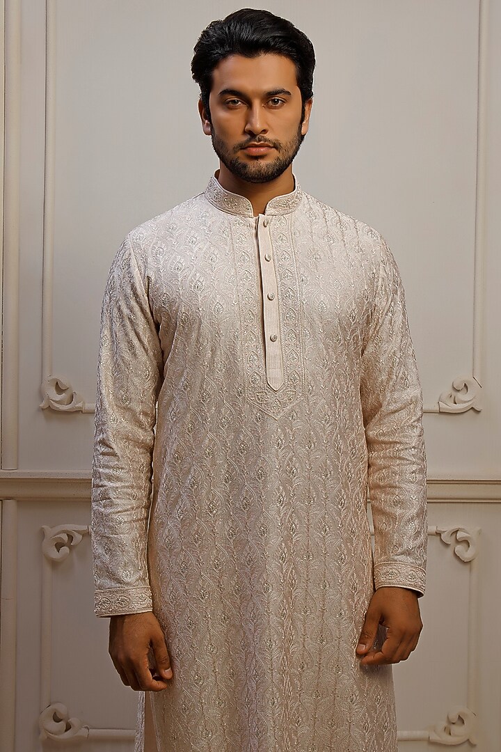 Blush Dupion Silk Pearl Embroidered Kurta Set by Vanshik at Pernia's Pop Up Shop