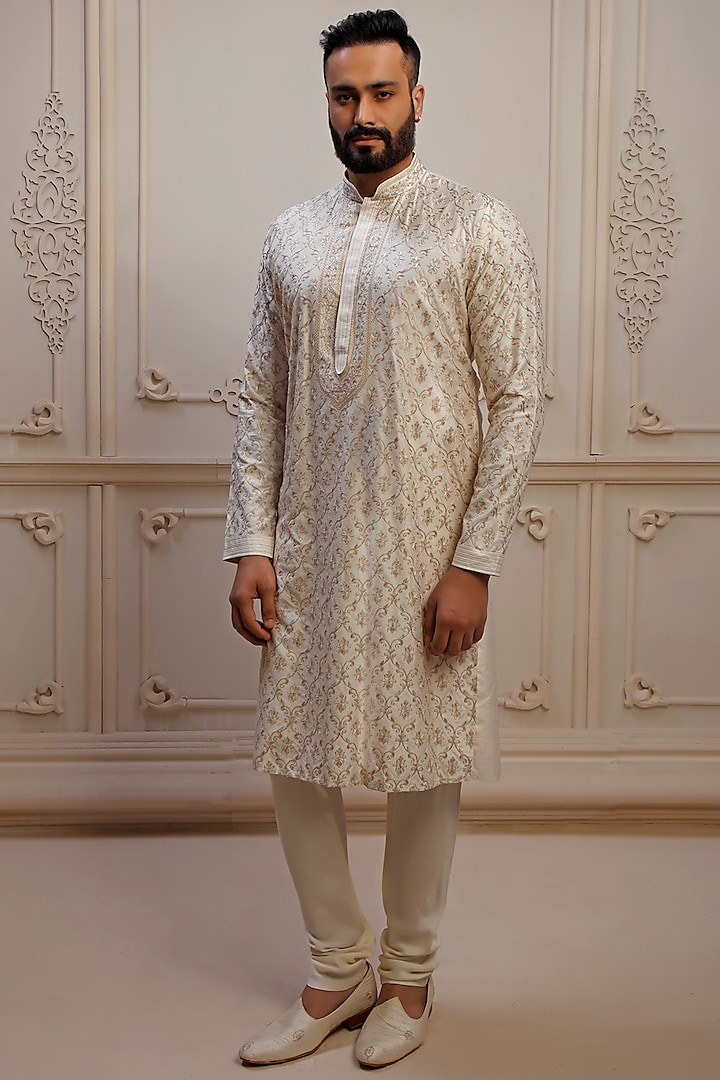 Pearl Dupion Silk Aari Embroidered Kurta Set by Vanshik