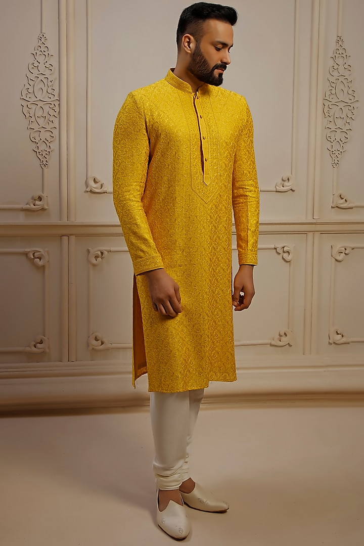 Yellow Chanderi Aari Embroidered Kurta Set by Vanshik