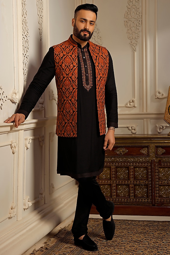 Black Pashmina Blend Kashmiri Embroidered Indowestern Set by Vanshik