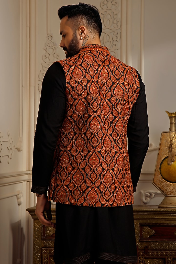 Black Pashmina Blend Kashmiri Embroidered Wedding Indowestern Set by Vanshik at Pernia's Pop Up Shop