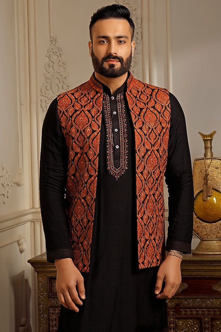 Black Pashmina Blend Kashmiri Embroidered Wedding Indowestern Set by Vanshik at Pernia's Pop Up Shop