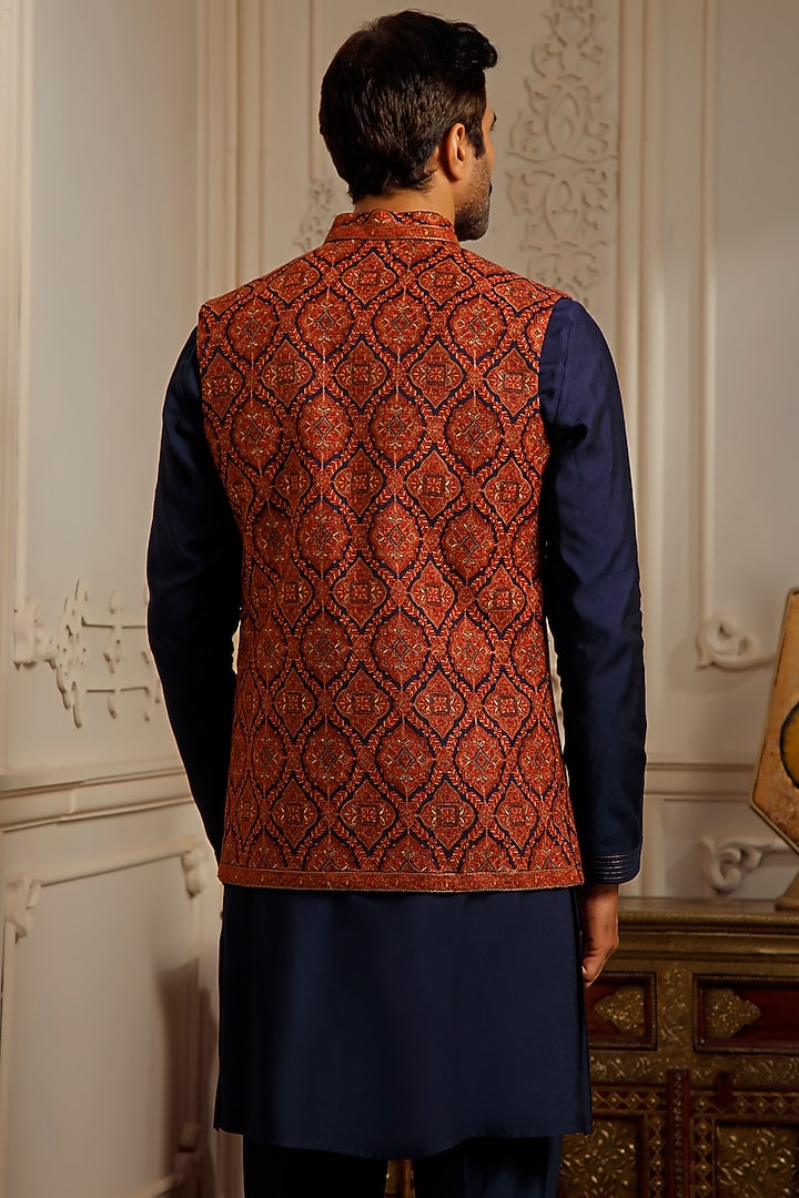 Blue Pashmina Blend Kashmiri Embroidered Bundi Jacket Set by Vanshik at Pernia's Pop Up Shop
