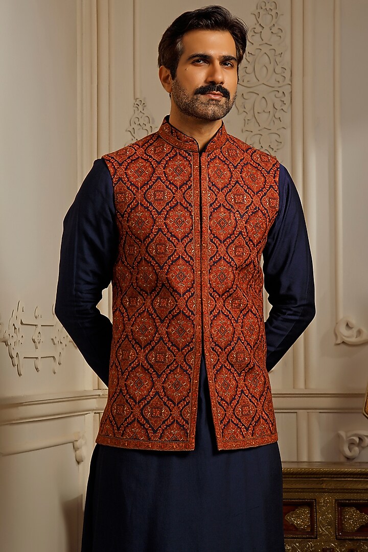 Blue Pashmina Blend Kashmiri Embroidered Bundi Jacket Set by Vanshik at Pernia's Pop Up Shop