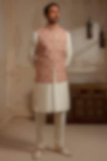 Cream Pashmina Blend Kashmiri Embroidered Bundi Jacket Set by Vanshik