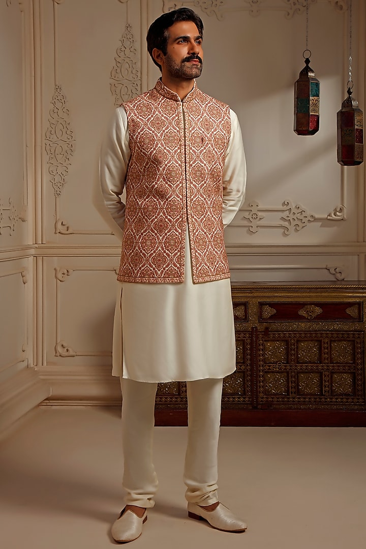 Cream Pashmina Blend Kashmiri Embroidered Bundi Jacket Set by Vanshik