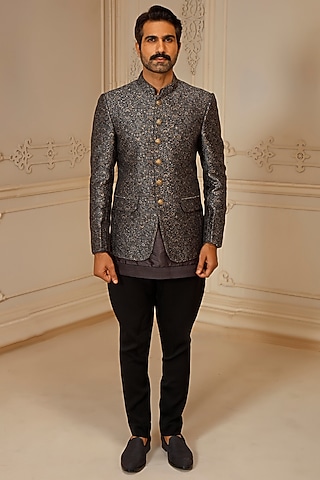 Grey Pashmina Blend Jodhpuri Set by Vanshik