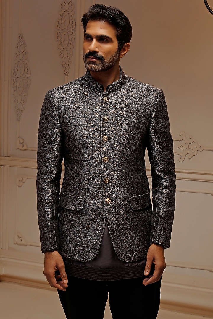 Grey Pashmina Blend Jodhpuri Set by Vanshik at Pernia's Pop Up Shop