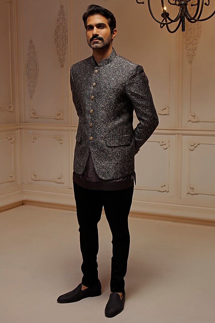 Grey Pashmina Blend Jodhpuri Set by Vanshik at Pernia's Pop Up Shop