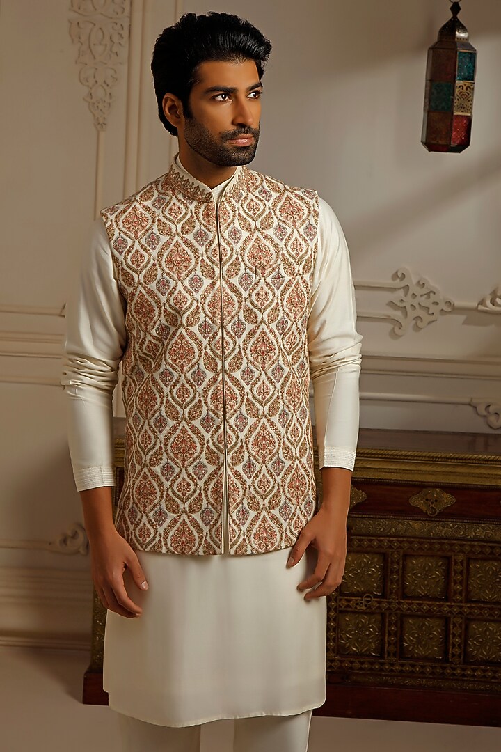Cream Pashmina Blend Fabric Kashmiri Embroidered Bundi Jacket Set by Vanshik at Pernia's Pop Up Shop