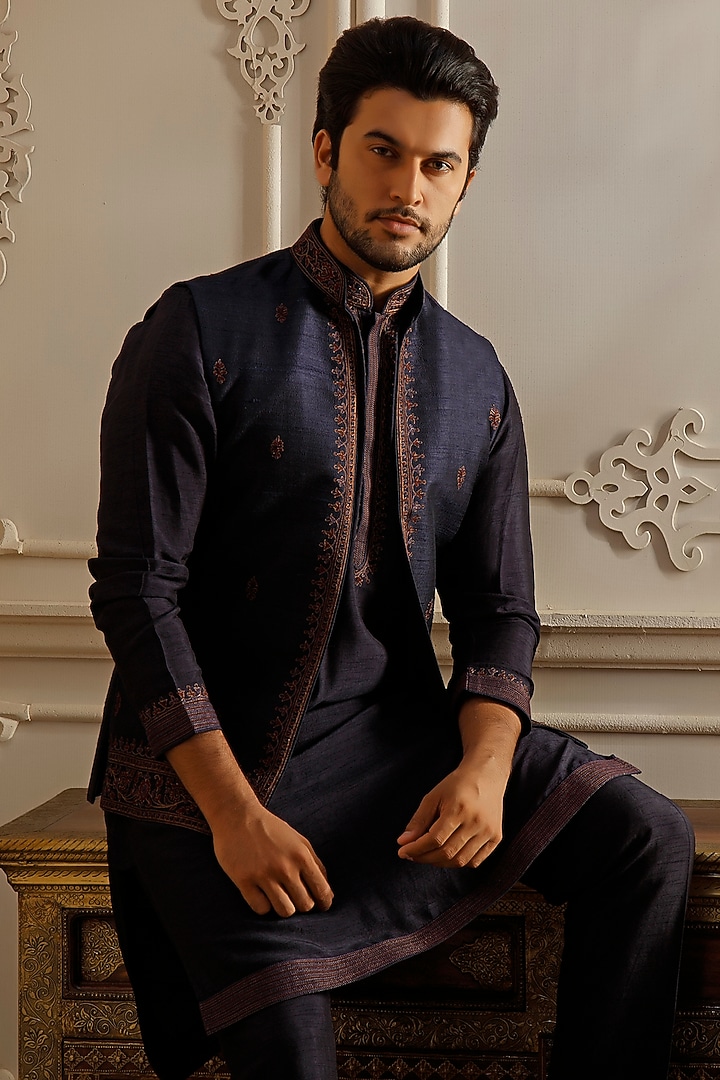 Blue Raw Silk Aari Embroidered Wedding Indowestern Set by Vanshik at Pernia's Pop Up Shop