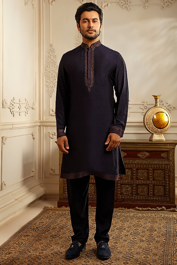 Blue Raw Silk Aari Embroidered Wedding Indowestern Set by Vanshik at Pernia's Pop Up Shop