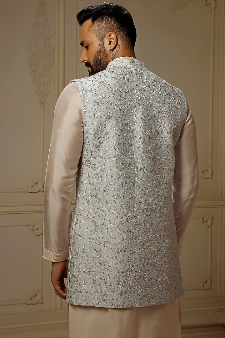 Aqua Dupion Silk Digital Embroidered Wedding Indowestern Set by Vanshik at Pernia's Pop Up Shop