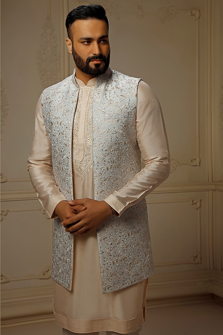 Aqua Dupion Silk Digital Embroidered Wedding Indowestern Set by Vanshik at Pernia's Pop Up Shop