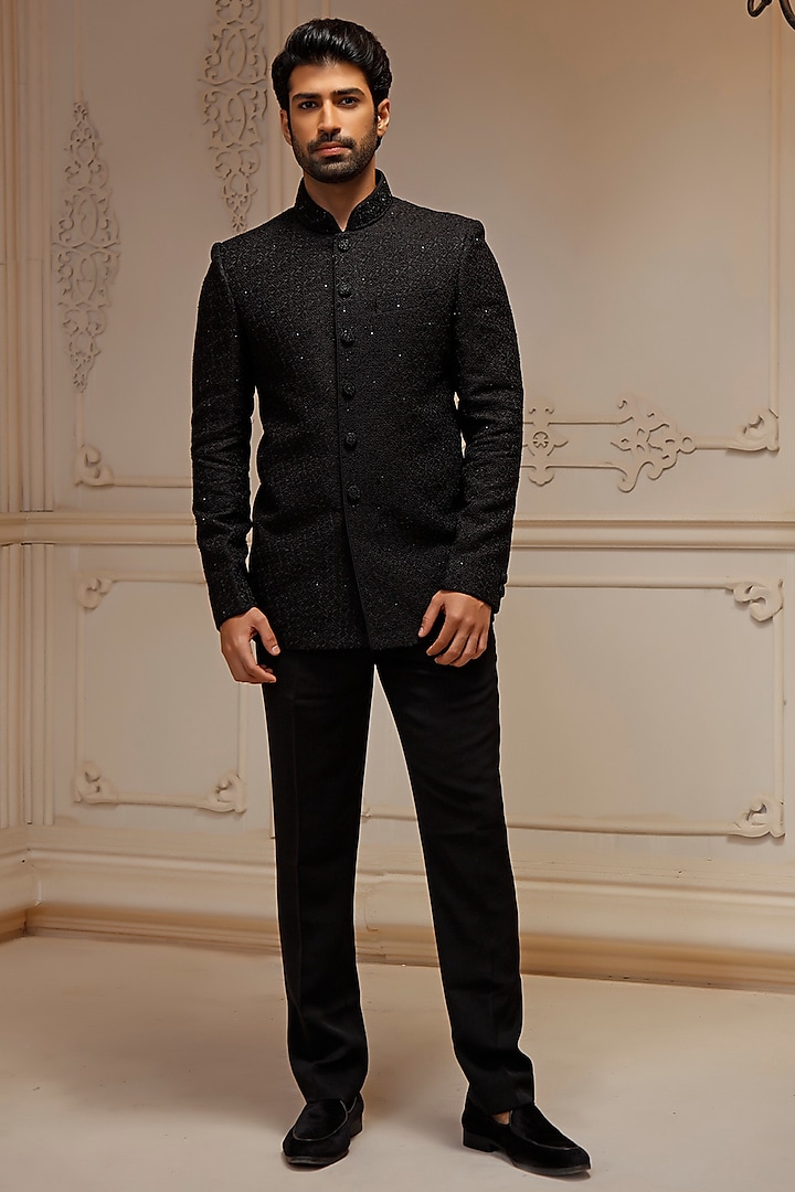 Black Dupion Silk Hand Embroidered Jodhpuri Jacket by Vanshik