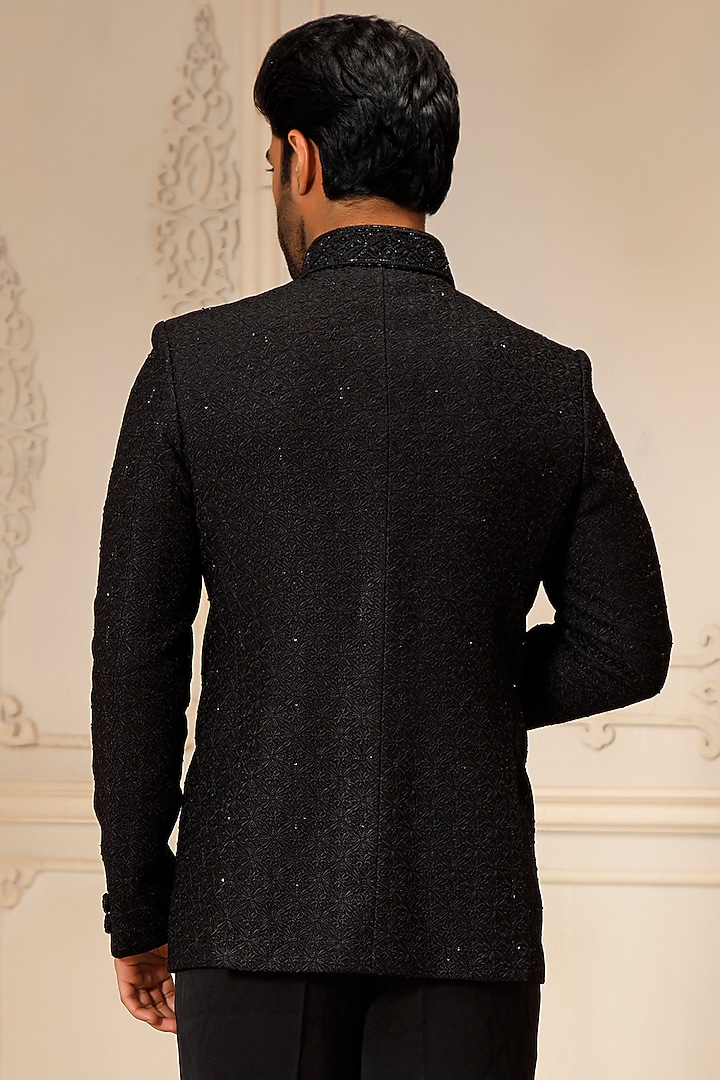 Black Dupion Silk Hand Embroidered Wedding Bandhgala by Vanshik at Pernia's Pop Up Shop