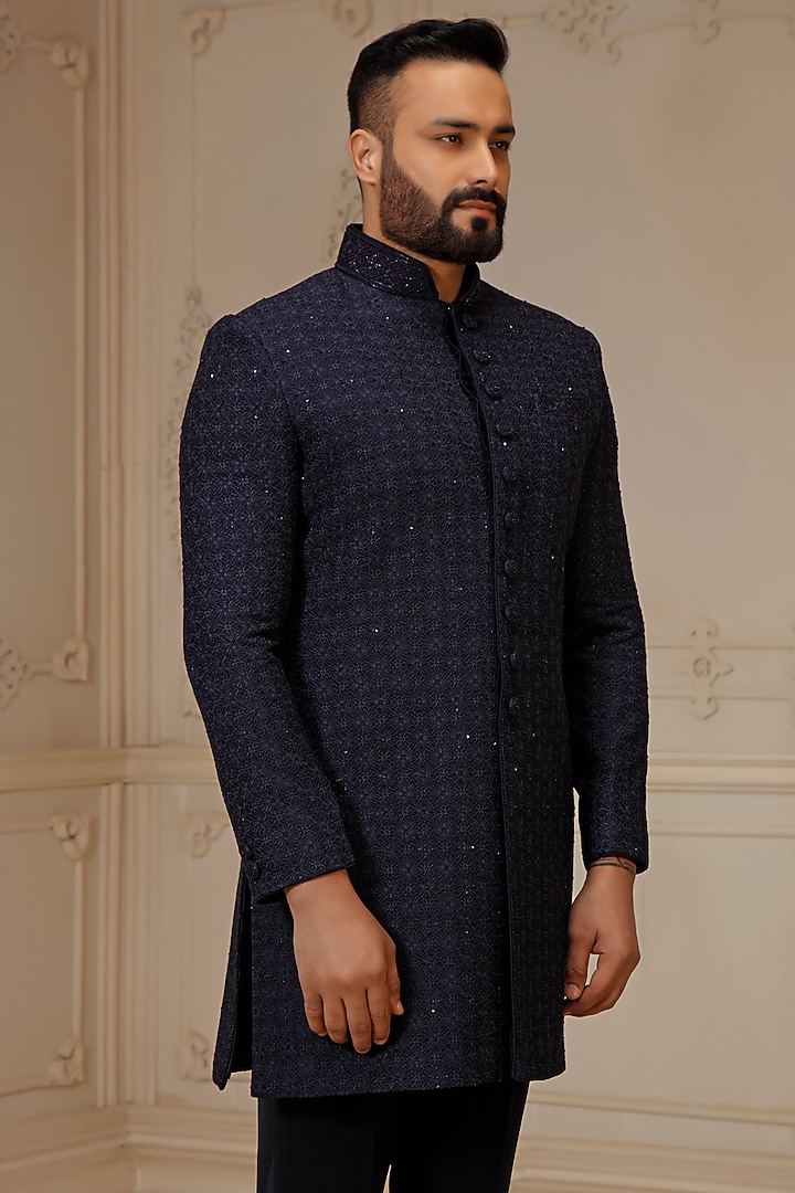 Blue Silk Hand Embroidered Wedding Sherwani Set by Vanshik at Pernia's Pop Up Shop