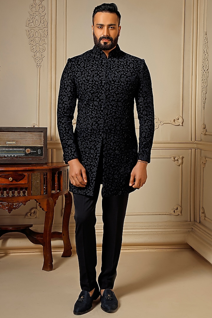 Blue Velvet Swarovski Embroidered Wedding Indowestern Set by Vanshik at Pernia's Pop Up Shop