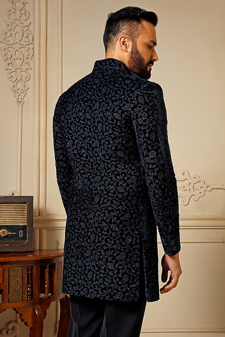 Blue Velvet Swarovski Embroidered Wedding Indowestern Set by Vanshik at Pernia's Pop Up Shop