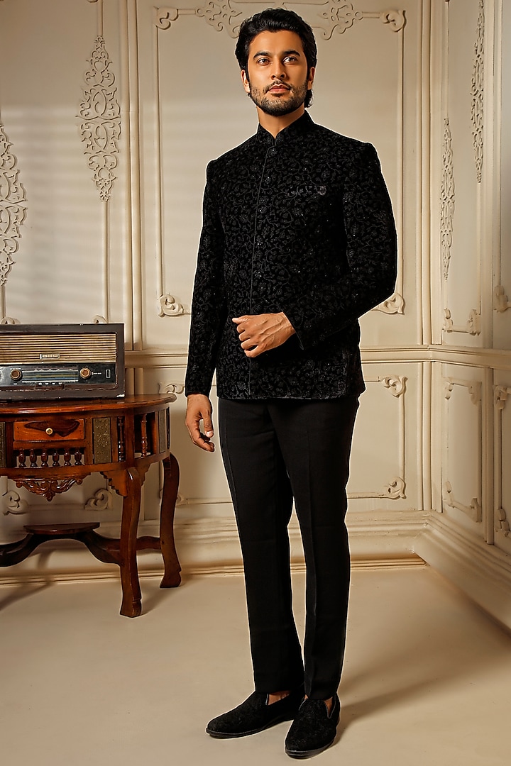 Black Velvet Digital Embroidered Jodhpuri Jacket by Vanshik at Pernia's Pop Up Shop