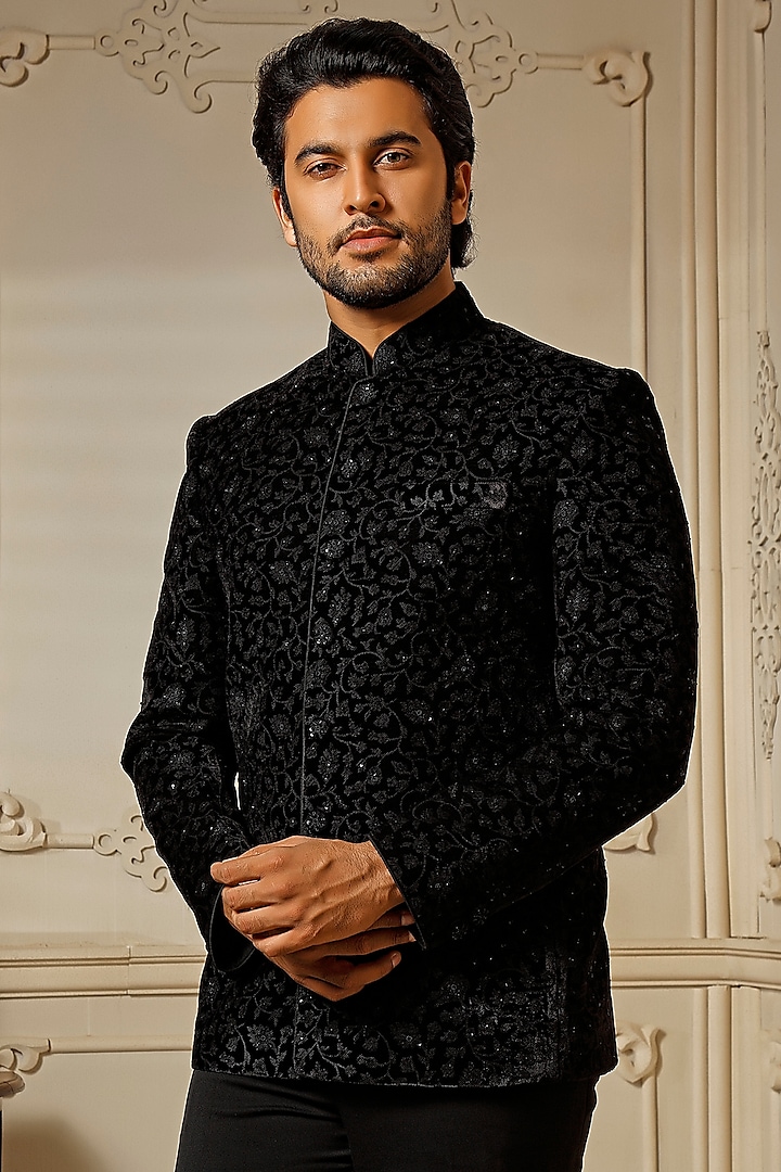 Black Velvet Swarovski Embroidered Wedding Bandhgala by Vanshik at Pernia's Pop Up Shop