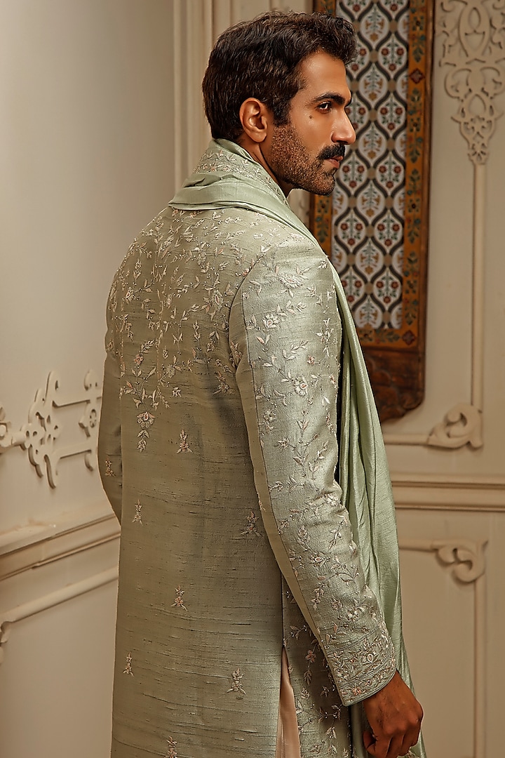Mint Raw Silk Resham Embroidered Groom Sherwani Set by Vanshik at Pernia's Pop Up Shop