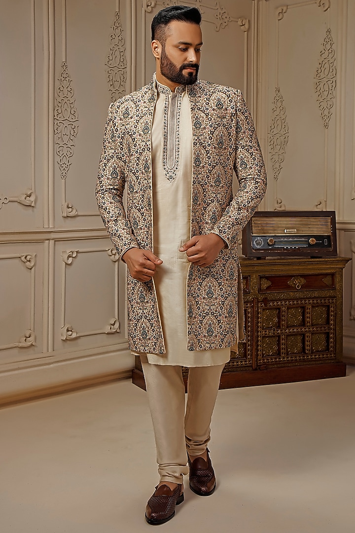 Light Beige Tussar Silk Floral Embroidered Groom Sherwani Set by Vanshik at Pernia's Pop Up Shop