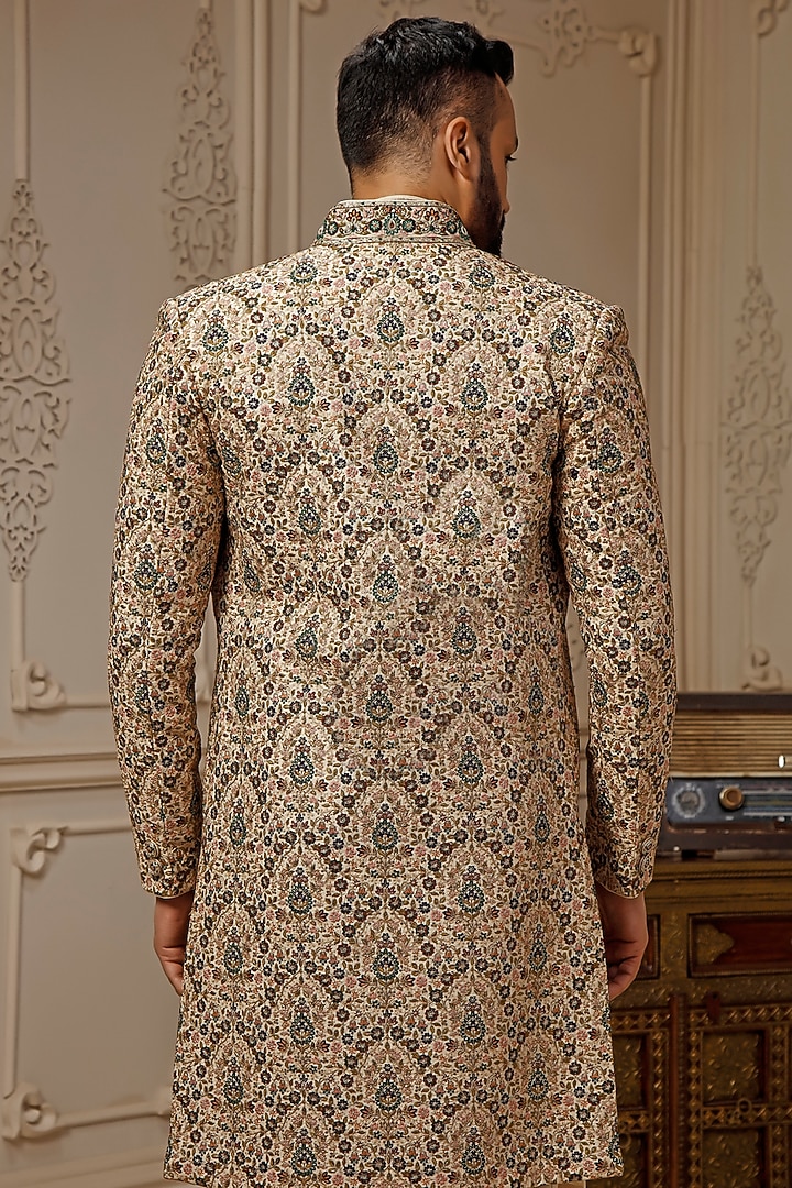 Light Beige Tussar Silk Floral Embroidered Groom Sherwani Set by Vanshik at Pernia's Pop Up Shop