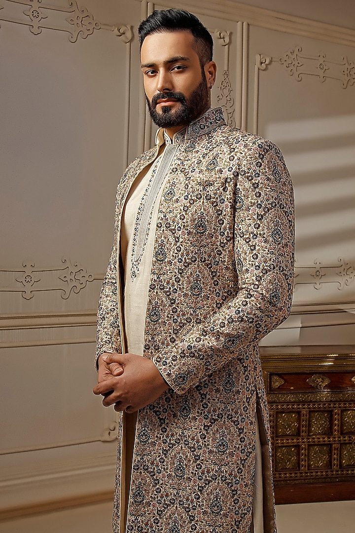 Light Beige Tussar Silk Floral Embroidered Groom Sherwani Set by Vanshik at Pernia's Pop Up Shop