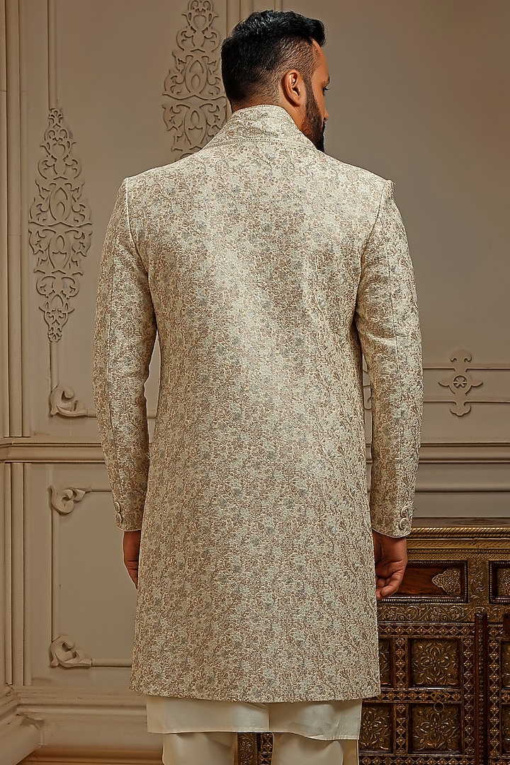 Pearl Tussar Silk Floral Embroidered Groom Indowestern Set by Vanshik at Pernia's Pop Up Shop