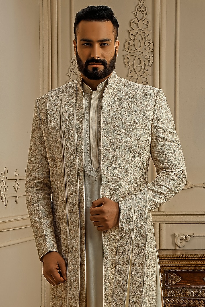 Pearl Tussar Silk Floral Embroidered Groom Indowestern Set by Vanshik at Pernia's Pop Up Shop