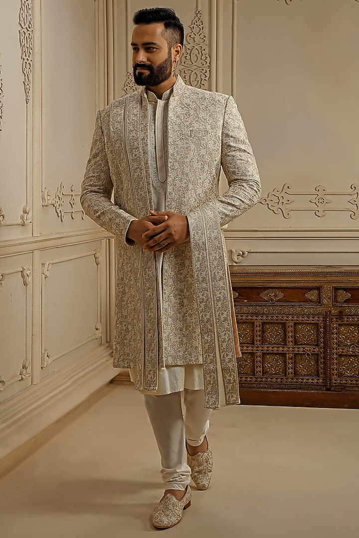 Pearl Tussar Silk Floral Embroidered Groom Indowestern Set by Vanshik at Pernia's Pop Up Shop