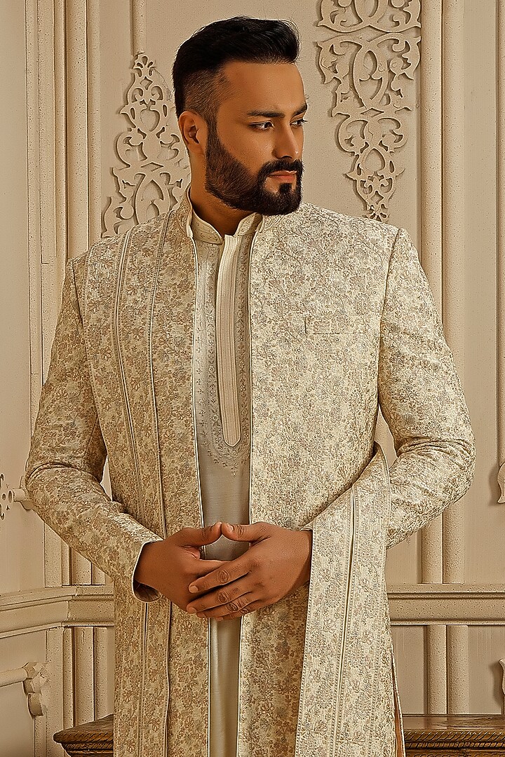 Pearl Tussar Silk Floral Embroidered Groom Indowestern Set by Vanshik at Pernia's Pop Up Shop