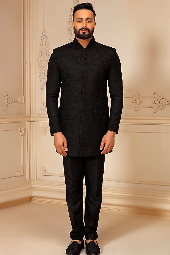 Black Pashmina Blend Embroidered Wedding Bandhgala Set by Vanshik at Pernia's Pop Up Shop