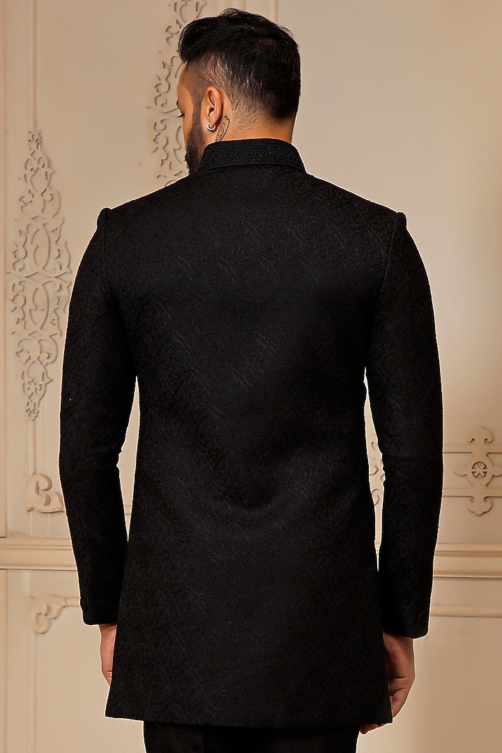 Black Pashmina Blend Embroidered Wedding Bandhgala Set by Vanshik at Pernia's Pop Up Shop
