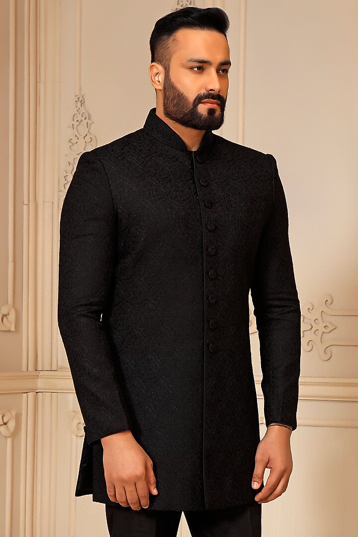 Black Pashmina Blend Embroidered Wedding Bandhgala Set by Vanshik at Pernia's Pop Up Shop