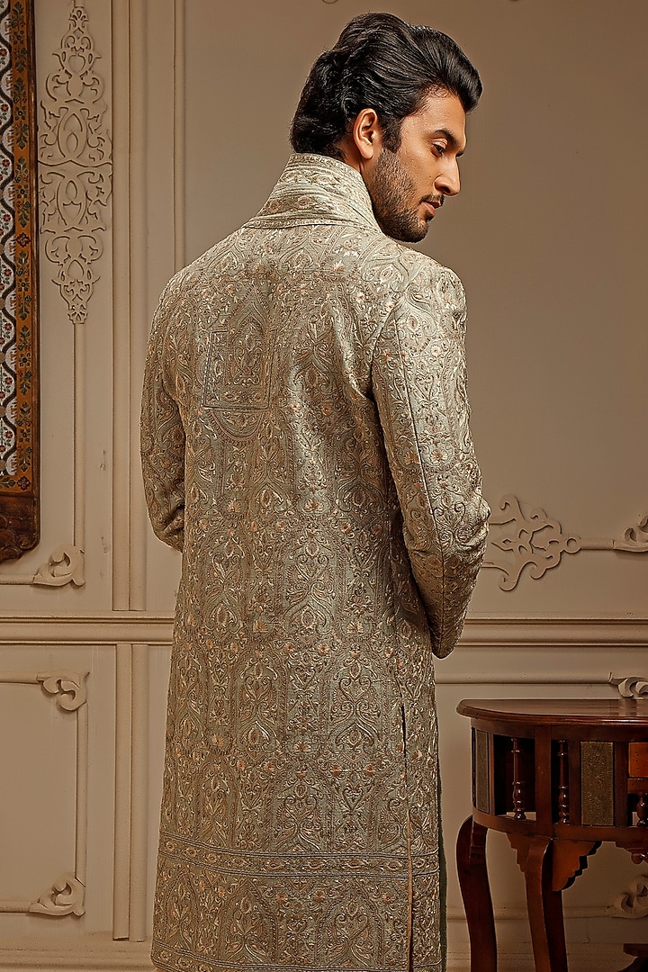 Mint Raw Silk Resham Embroidered Groom Sherwani Set by Vanshik at Pernia's Pop Up Shop