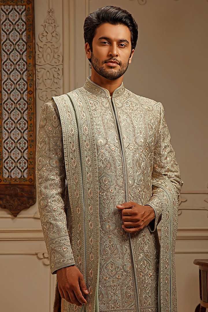 Mint Raw Silk Resham Embroidered Groom Sherwani Set by Vanshik at Pernia's Pop Up Shop
