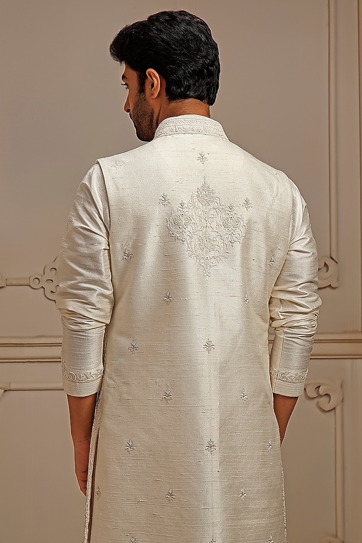 Pearl Raw Silk Resham Embroidered Wedding Indowestern Set by Vanshik at Pernia's Pop Up Shop