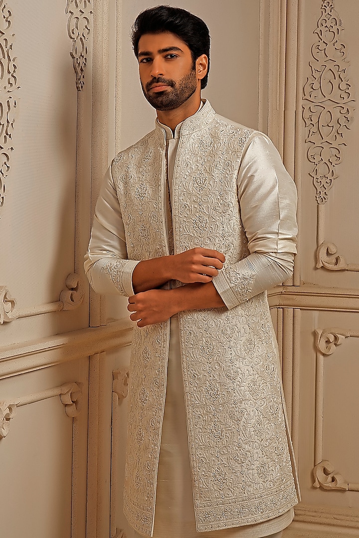 Pearl Raw Silk Resham Embroidered Wedding Indowestern Set by Vanshik at Pernia's Pop Up Shop